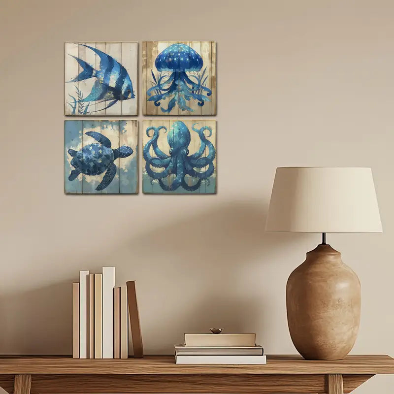 4pcs Blue Sea  Animals Wall Art Canvas Framed - Bella Home Decor