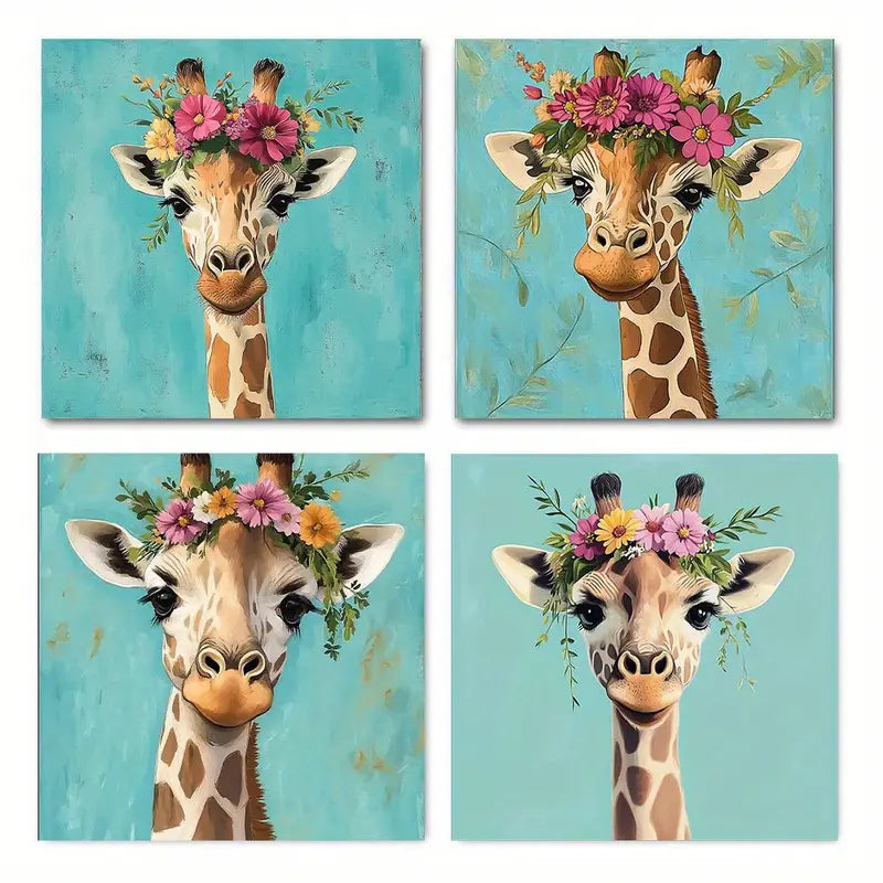 4pcs Vintage Giraffe Canvas Wall Art Canvas Framed