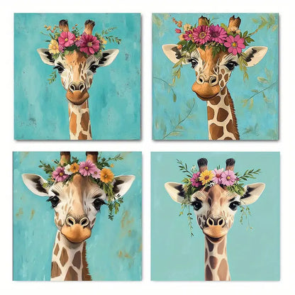 4pcs Vintage Giraffe Canvas Wall Art Canvas Framed