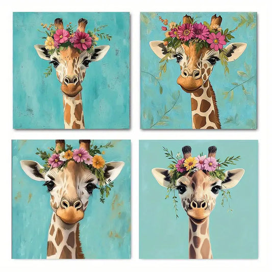4pcs Vintage Giraffe Canvas Wall Art Canvas Framed