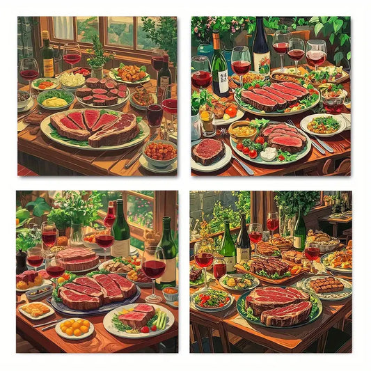 4pcs Gourmet Food & Wine Theme Wall Art Canvas Framed