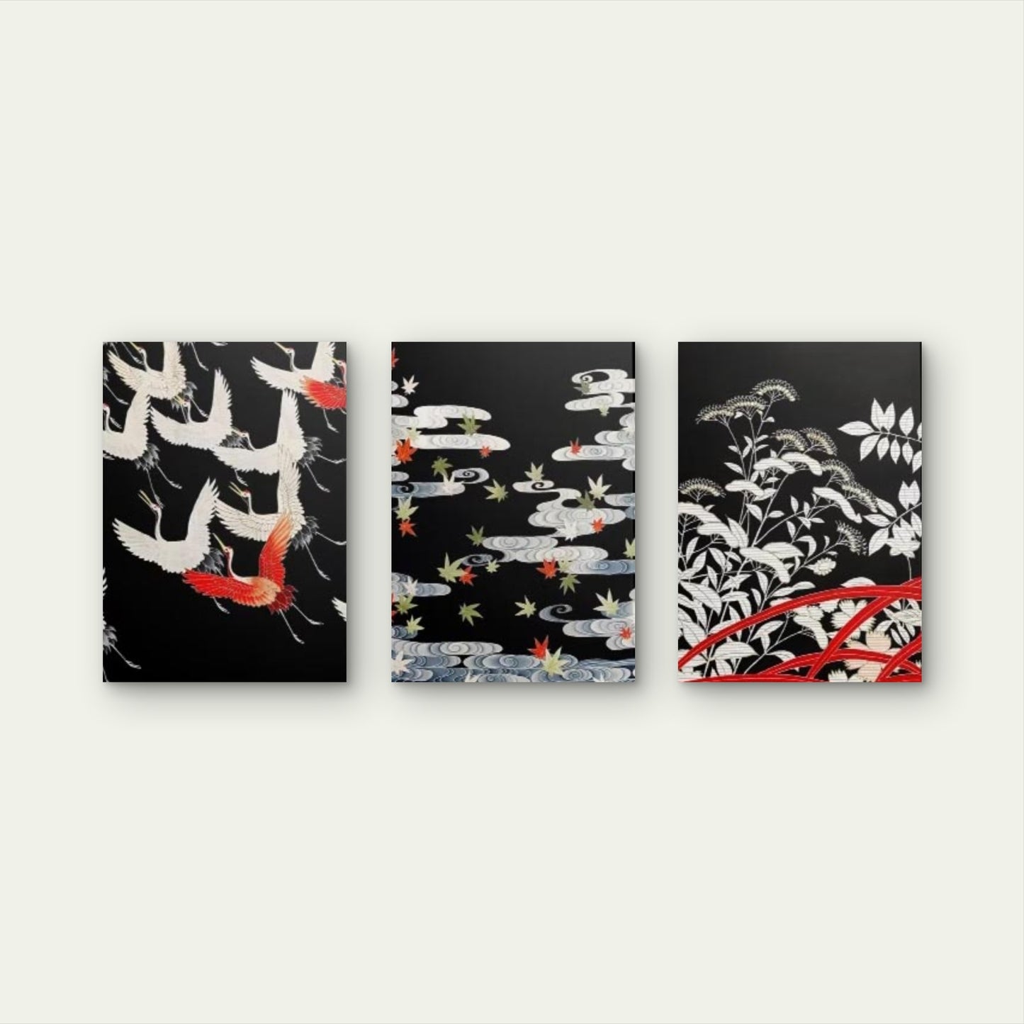 3pcs Japanese Red Crane Black Kimono Sign Wall Art Set Canvas Framed 60x90cm - High Quality Print 100% Australian Made Wall Canvas Ready to Hang - Bella Home Decor