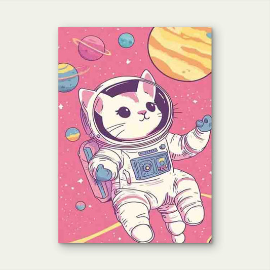 Adorable Cat in Spacesuit Floating in Sky with Planets 60x90cm Metal Print Ready to Hang