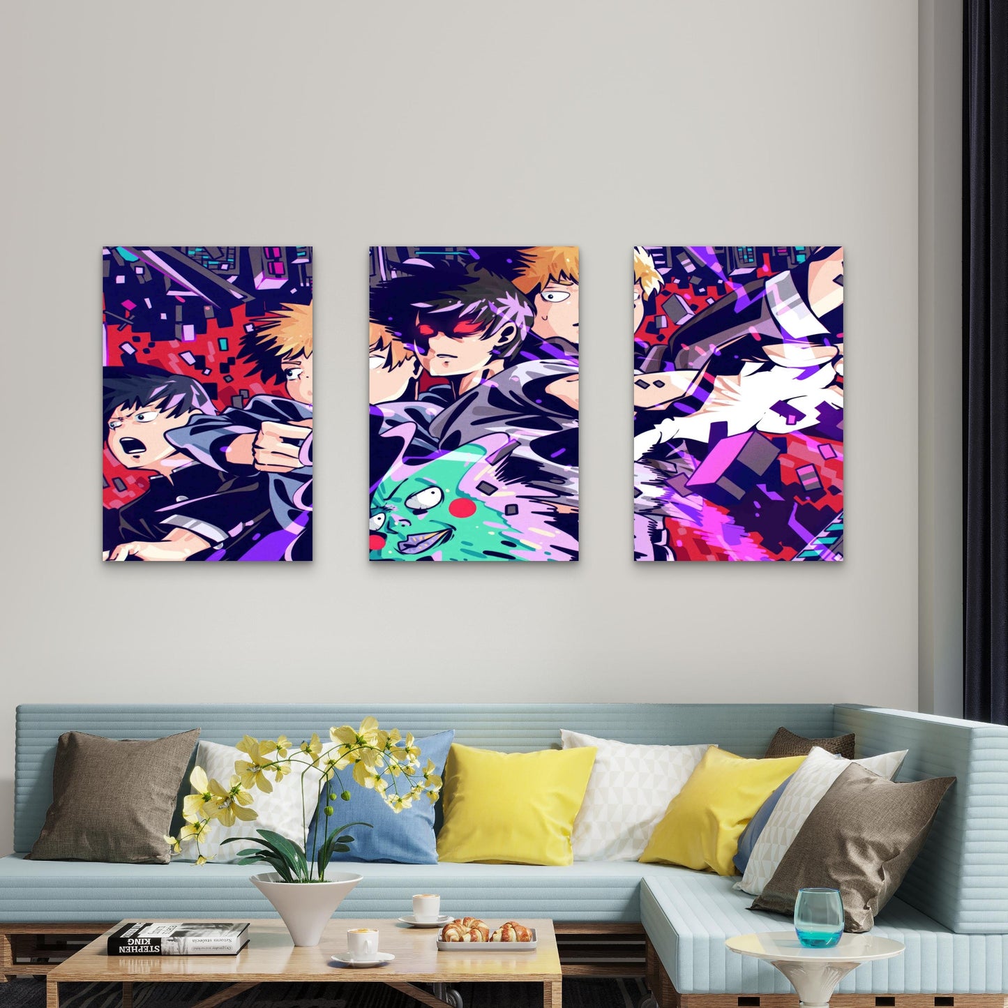 3pcs Psychic Energy Battle Neon Purple Red Metal Print Ready to Hang Art