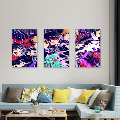 3pcs Psychic Energy Battle Neon Purple Red Metal Print Ready to Hang Art