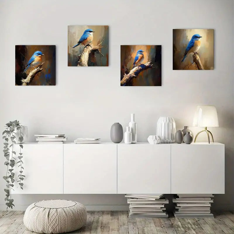 4pcs Blue Yellow And White Parrot Wall Art Canvas Framed