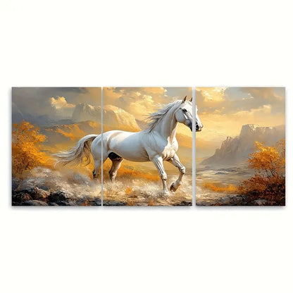 3pcs White Horse In Motion With Sunset Landscape Metal Print Ready to Hang Art