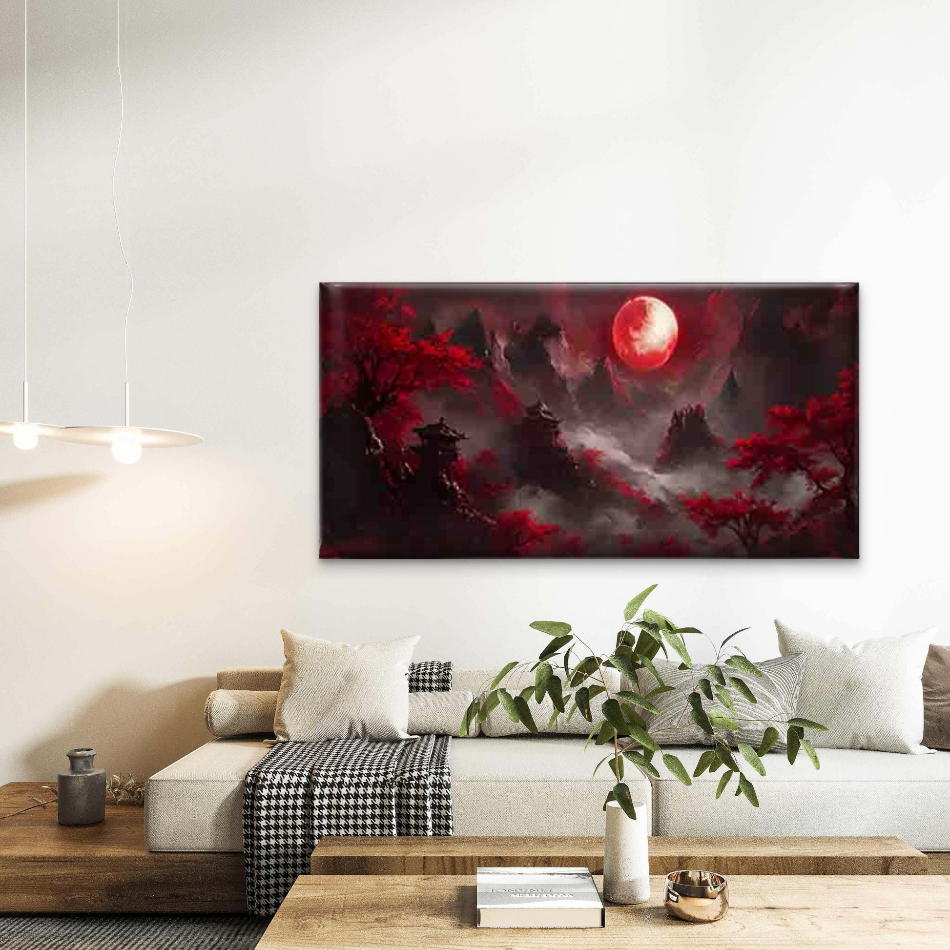 Red Trees And Ancient Pavilions Wall Art Canvas Office Home Room Framed 120x60cm - Bella Home Decor