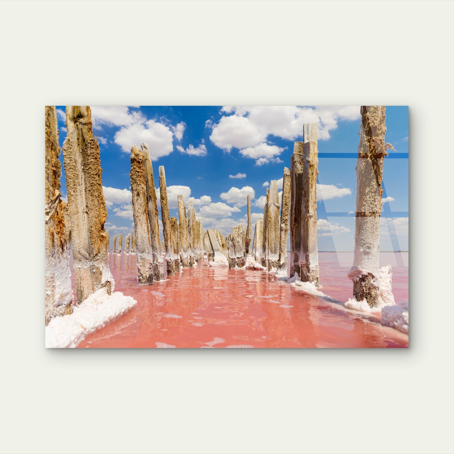 Pink Salt Lake Wooden Posts Blue Sky White Clouds Landscape Acrylic Glass Printing Wall Art Australian Made Quality