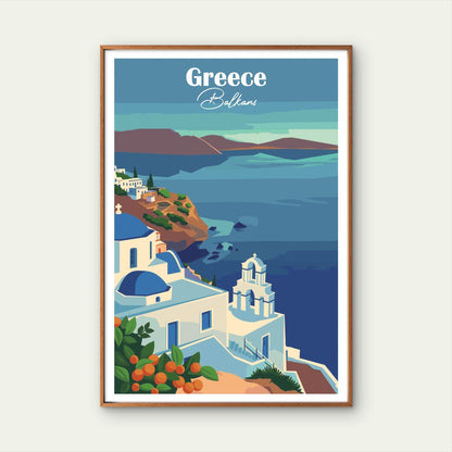Greece Santorini Coastal Blue Dome Church Travel Poster Print Wall Art