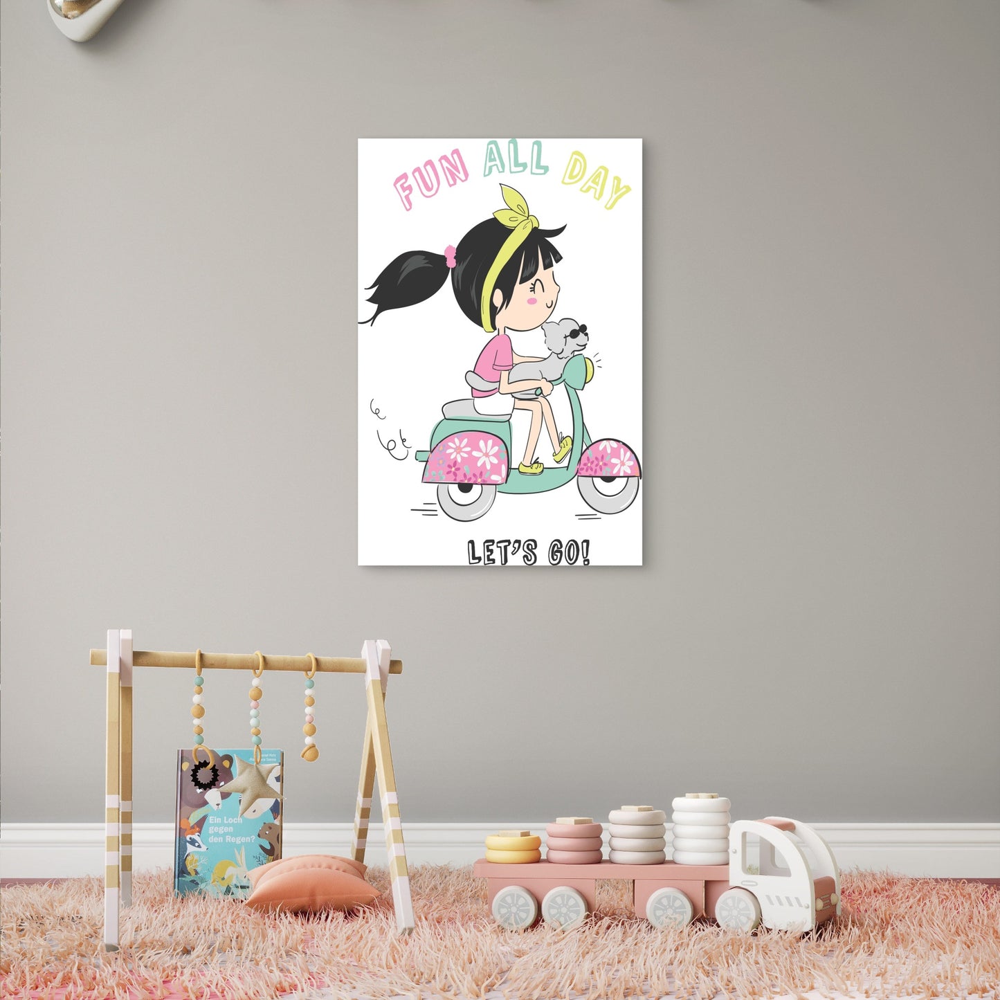 Cartoon Girl Riding Scooter With Dog Fun All Day 40x60cm Metal Print Ready to Hang