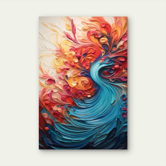 Teal Blue Red Orange Impasto Wave Swirls 40x60cm Metal Print Ready to Hang