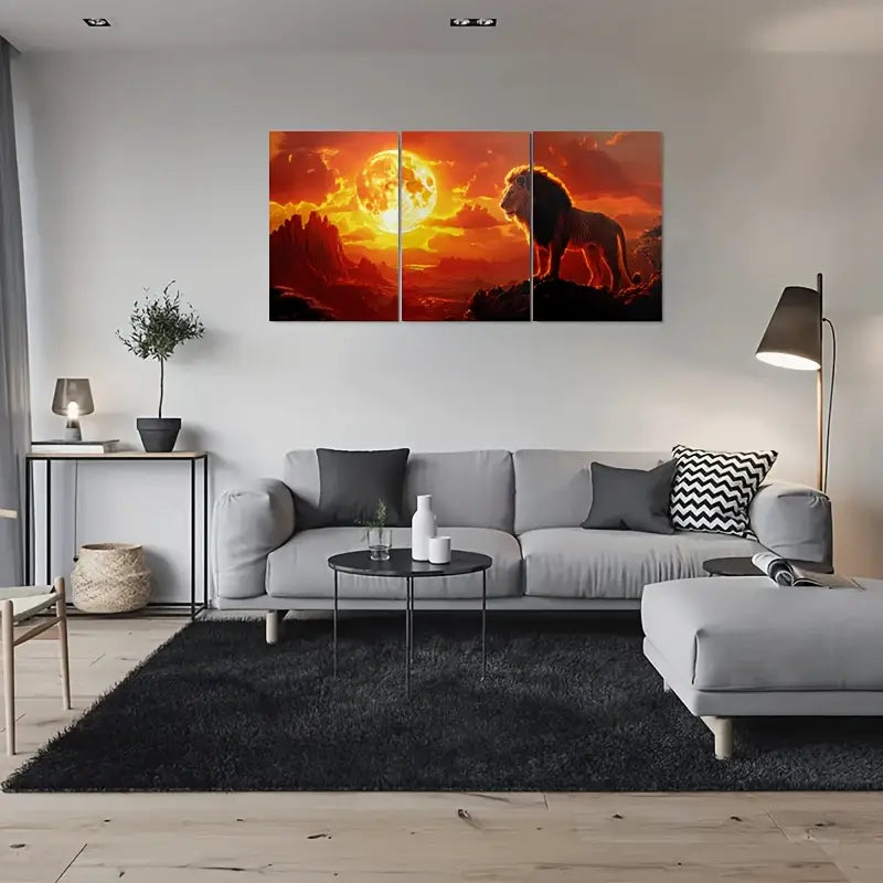 3pcs Lion Sunset Landscape Triptych Metal Print Ready to Hang Art