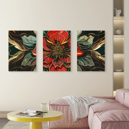 3pcs Red Green Gold Luxury Botanical Leaf  Wall Art Set Canvas Framed 40x60cm - High Quality Print 100% Australian Made Wall Canvas Ready to Hang