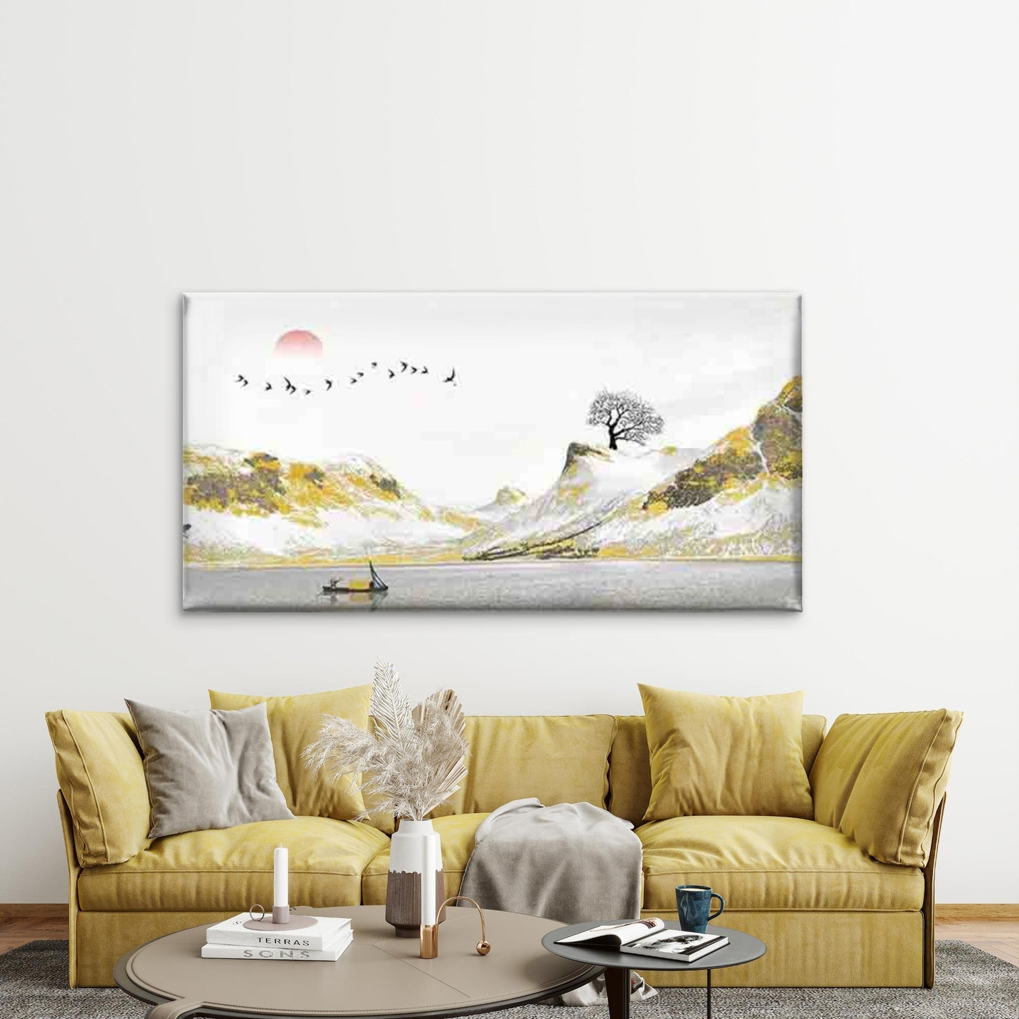 Mountains & Lake with Birds Wall Art Canvas Office Home Room Framed 120x60cm - Bella Home Decor