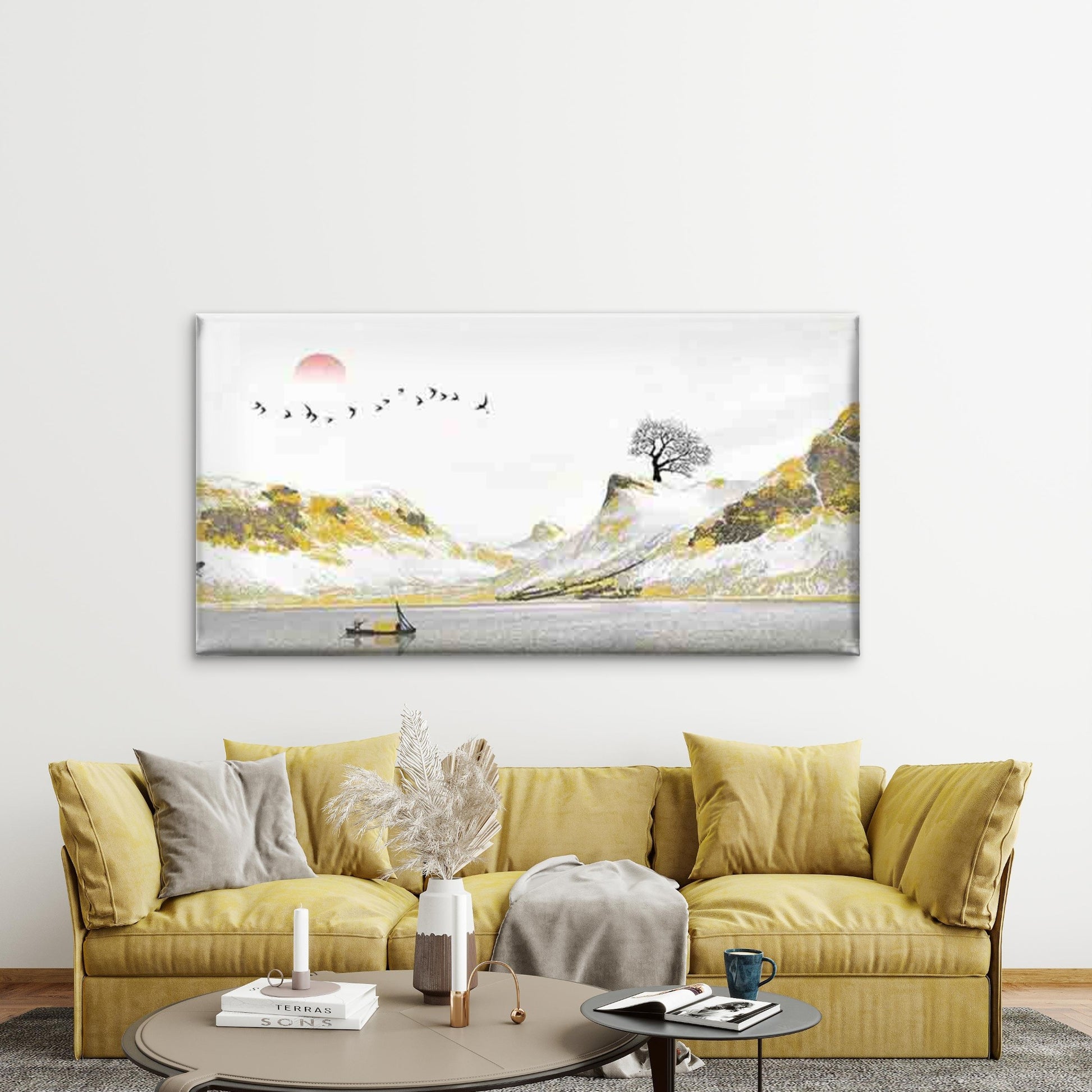 Mountains & Lake with Birds Wall Art Canvas Office Home Room Framed 120x60cm - Bella Home Decor