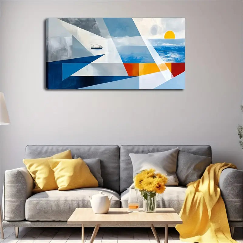 Modern Abstract Geometric Seascape Wall Art Canvas Office Home Room Framed 120x60cm - Bella Home Decor
