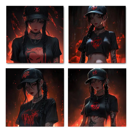 4pcs Edgy Tattoo-Inspired Cool Girl Wall Art Canvas Framed - Bella Home Decor