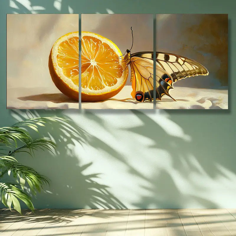 3pcs Vibrant Butterfly & Orange Slices Metal Print Ready to Hang Art