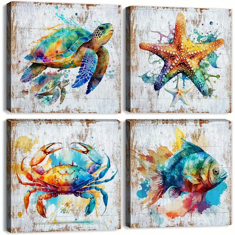 4pcs Ocean Crab Starfish Seafish  Wall Art Canvas Framed