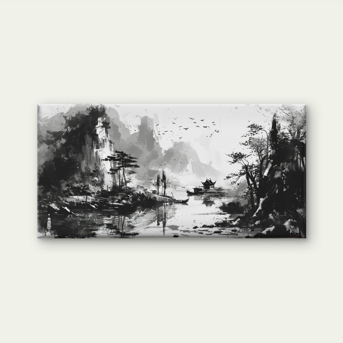 Waterside Mountain Ink Painting Wall Art Canvas Office Home Room Framed 120x60cm