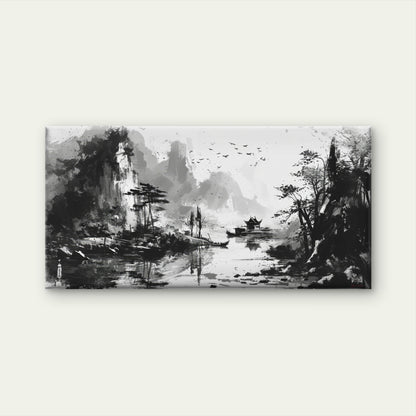 Waterside Mountain Ink Painting Wall Art Canvas Office Home Room Framed 120x60cm