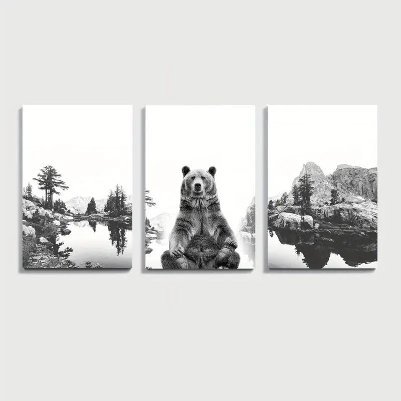 3pcs Grizzly Bear Black & White Nature Wall Art Set Canvas Framed 50x70cm - High Quality Print 100% Australian Made Wall Canvas Ready to Hang