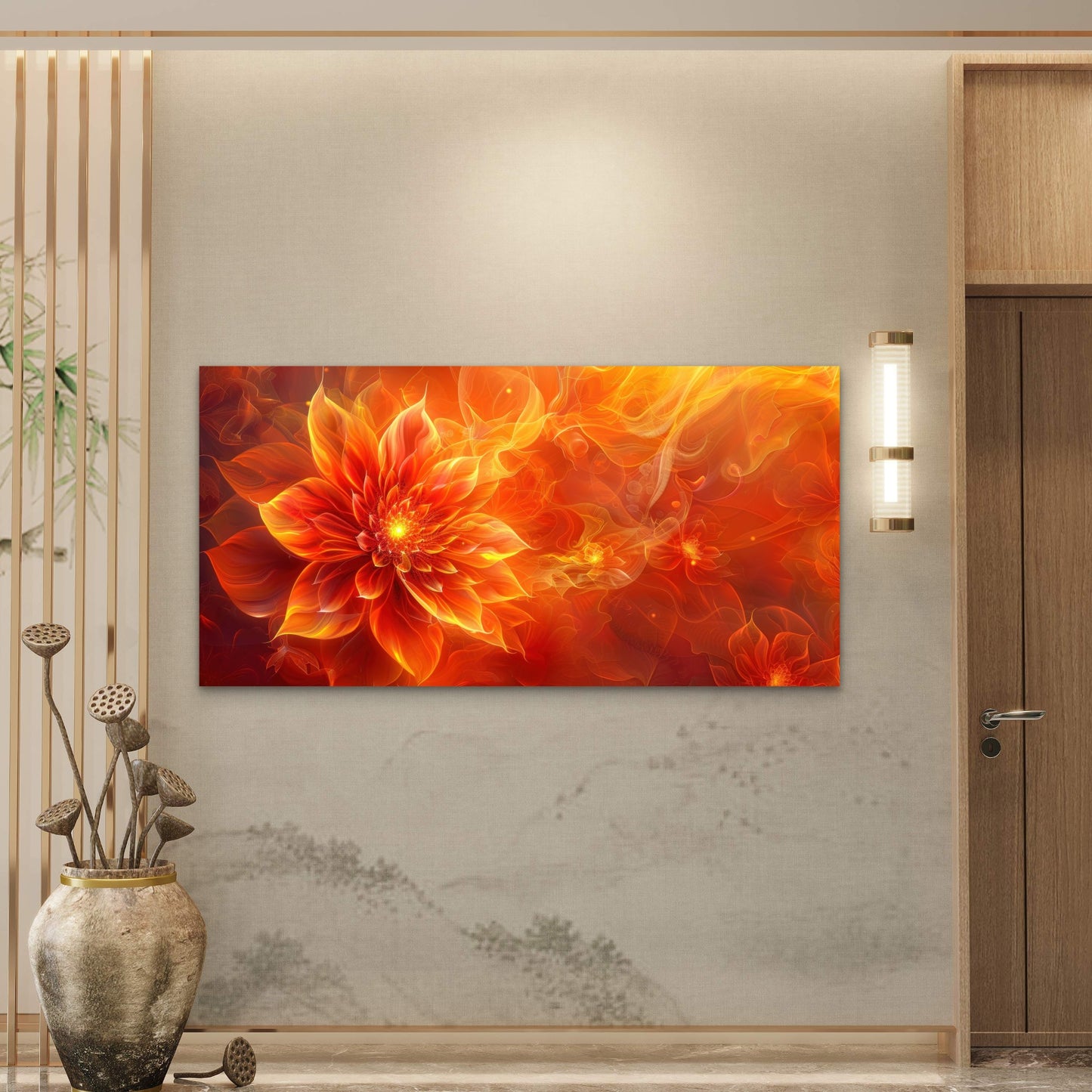 Vibrant Orange Fire Floral Wall Art Canvas Office Home Room Framed 120x60cm