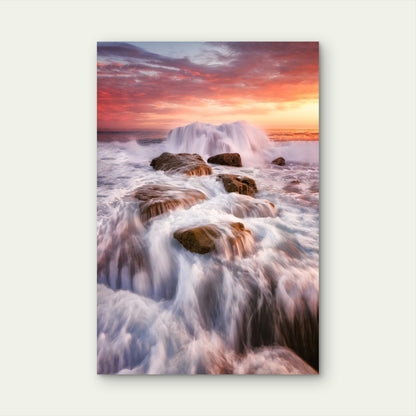 Long-Exposure of Waves Crashing at Sunset 60x90cm Metal Print Ready to Hang