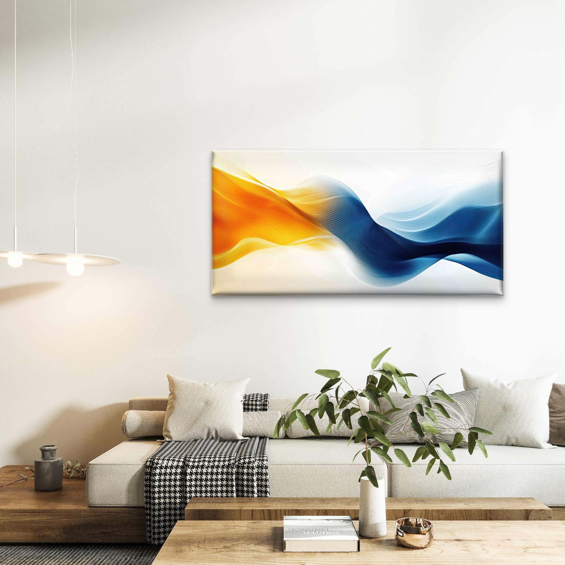 Abstract Blue and Orange Wave Wall Art Canvas Office Home Room Framed 120x60cm - Bella Home Decor
