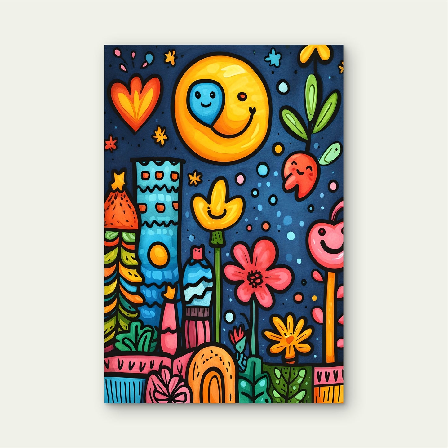 Whimsical Cartoon Doodle Flowers And Smiling Moon 5mm thick Plastic Poster Ready to Hang 90x60cm