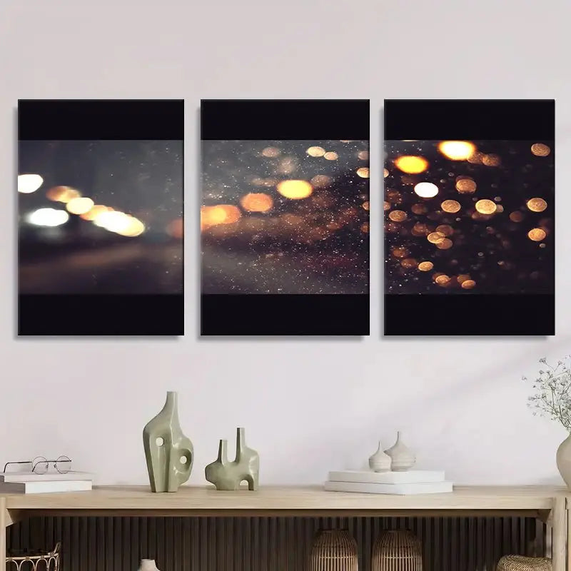 3pcs Black Background With Warm Glow Lights Metal Print Ready to Hang Art - Bella Home Decor