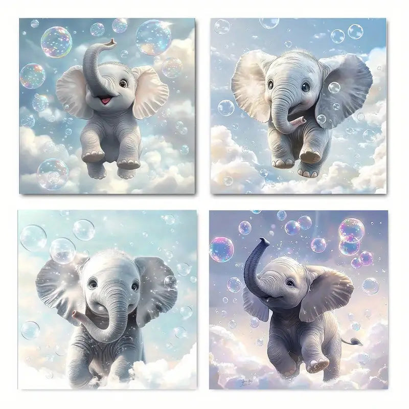 4pcs Elephant Bubbles Canva Wall Art Canvas Framed