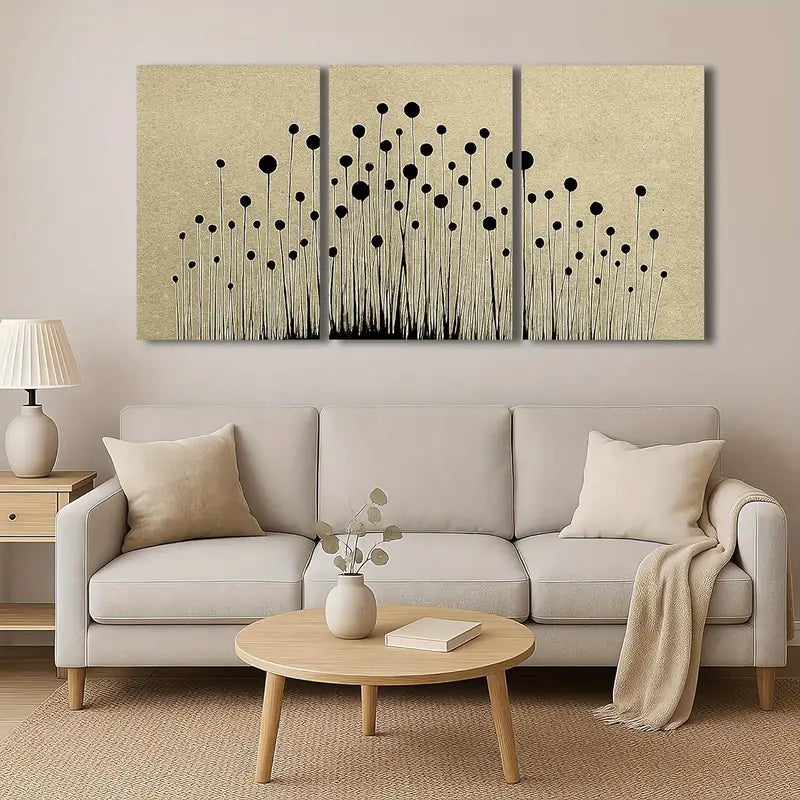 3pcs Beige And Black Modern Minimal Floral Nature  Metal Print Ready to Hang Art - Bella Home Decor