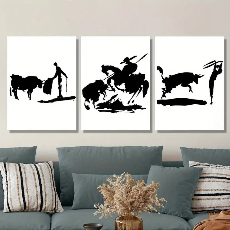 3pcs Bullfighting Aerial Animal Horse Illustration Metal Print Ready to Hang Art - Bella Home Decor