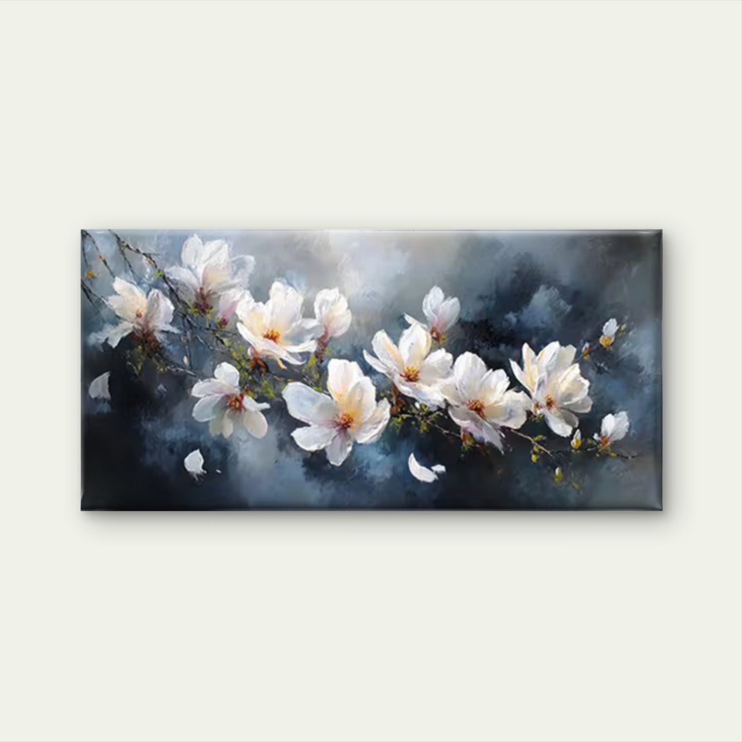 White Blossoms Wall Art - Soft Tones Floral Wall Art Canvas Office Home Room Framed 120x60cm