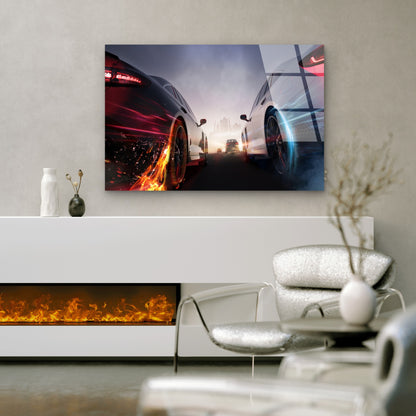 Dual Racing Sports Cars Fire and Ice Acrylic Glass Printing Wall Art Australian Made Quality