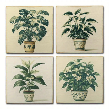4pcs  Vase With Green Leave Plants Wall Art Canvas Framed