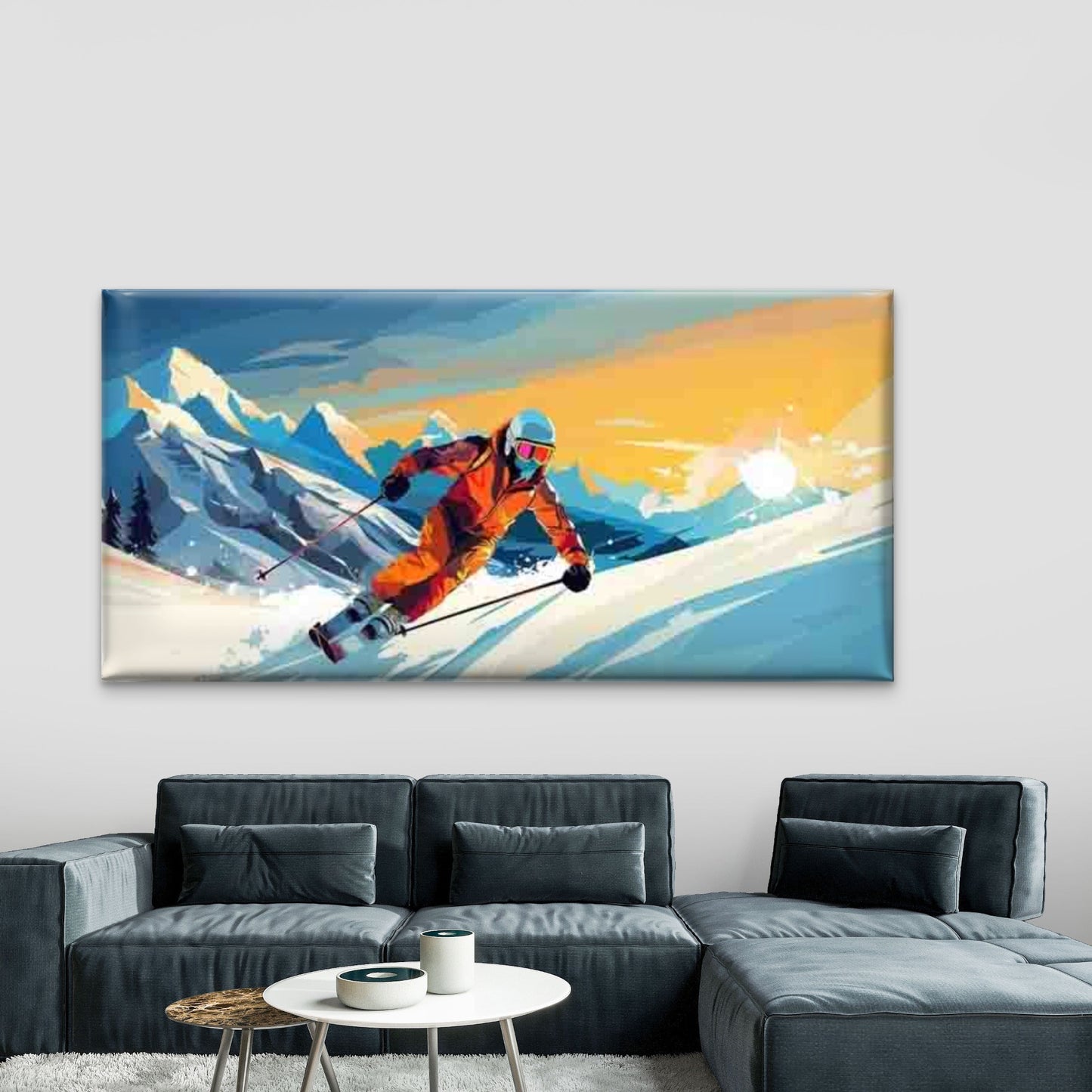 Retro Abstract Skier Painting Wall Art Canvas Office Home Room Framed 120x60cm