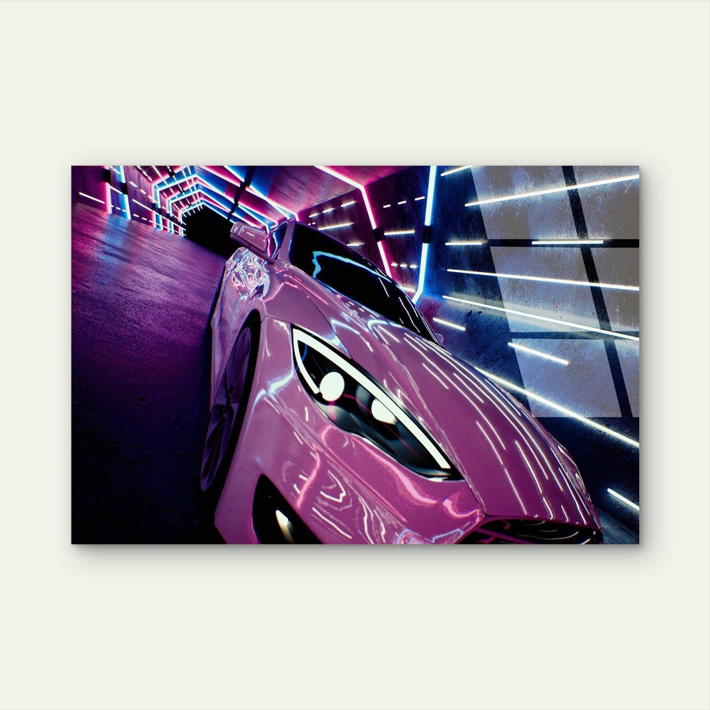 Glow Retro Futuristic Neon Pink Car Acrylic Glass Printing Wall Art Australian Made Quality