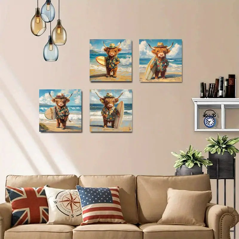 4pcs Highland Cattle Surfing Canvas Wall Art Canvas Framed