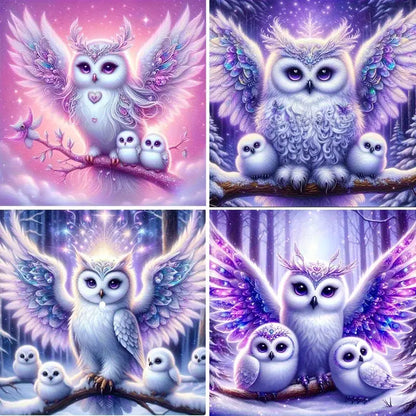 4pcs Gorgeous Owl with Sparkling Round Wall Art Canvas Framed