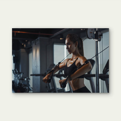 Female Athlete Exercising With Cable Machine Gym Fitness 5mm thick Plastic Poster Ready to Hang 90x60cm