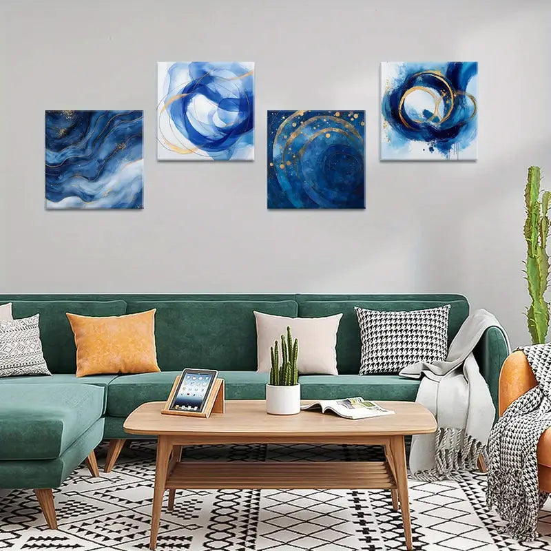 4pcs Blue and Golden Swirls    Wall Art Canvas Framed