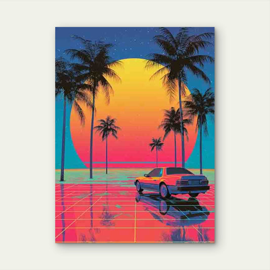 Vintage Funky Neon Landscape With Palm Trees 60x90cm Metal Print Ready to Hang