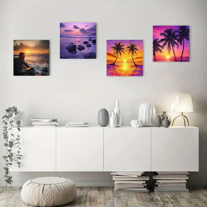 4pcs Beach Ocean sunrise Palm tree Wall Art Canvas Framed