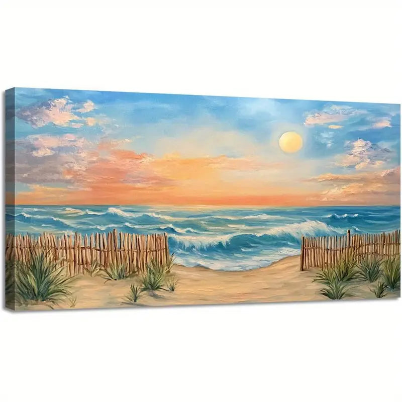Nautical Beach Sunset Vibrant Coastal Scene Serene Ocean Waves & Sandy Shores Wall Art canvas office home room framed 120x60cm - Bella Home Decor