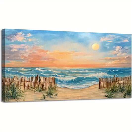 Nautical Beach Sunset Vibrant Coastal Scene Serene Ocean Waves & Sandy Shores Wall Art canvas office home room framed 120x60cm - Bella Home Decor