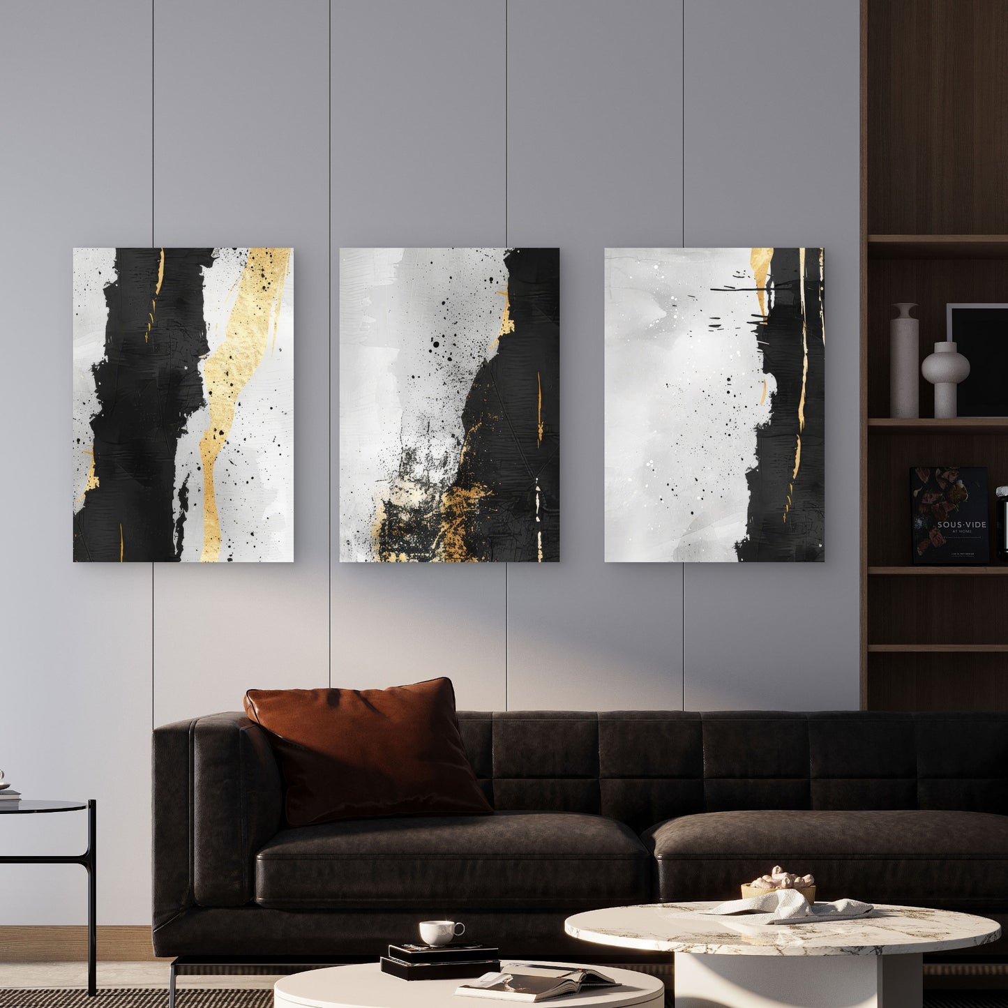3pcs Black Gold Gray Abstract Ink Painting  Wall Art Set Canvas Framed 50x70cm - High Quality Print 100% Australian Made Wall Canvas Ready to Hang