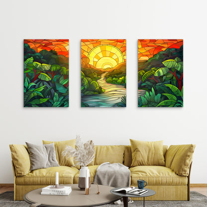 3pcs Art Nouveau Stained Glass Jungle River Sunset Metal Print Ready to Hang Art